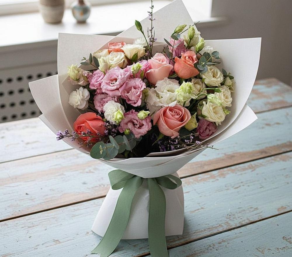 Букет цветов из: Розы, Лизиантусы и Гвоздики в Малые Вязёмы