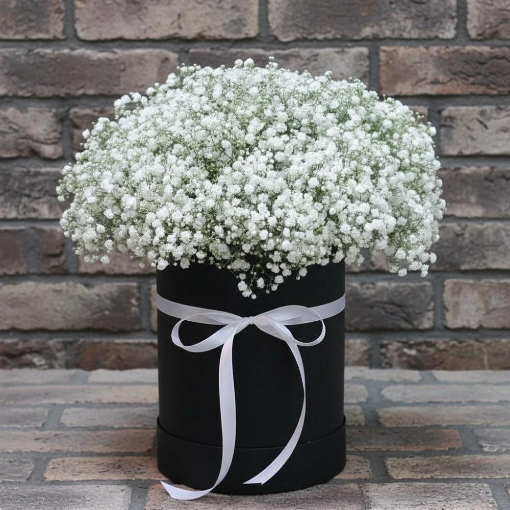 Цветочная композиция из Гипсофила в шляпной коробке в Малые Вязёмы