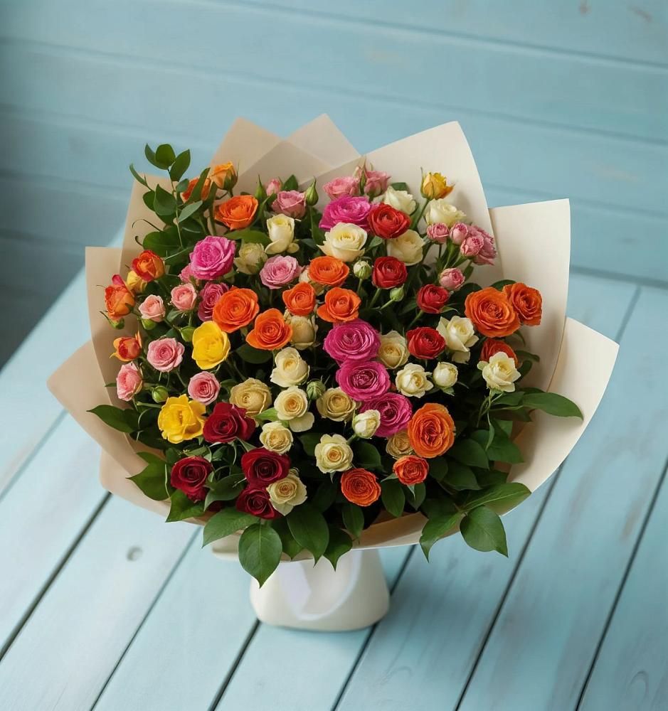 Букет Микс из разноцветных кустовых роз в Малые Вязёмы