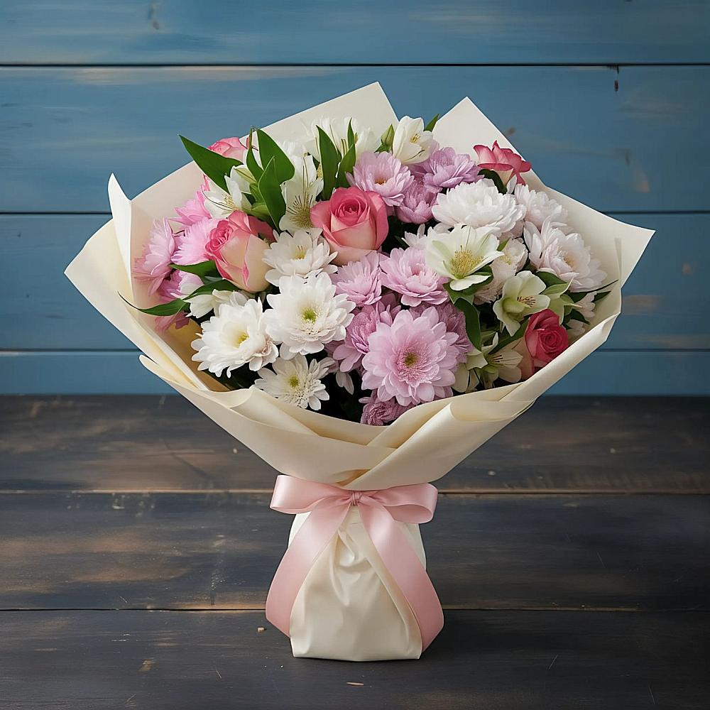 Букет цветов из: Хризантемы, Альстромерии и Розы в Малые Вязёмы